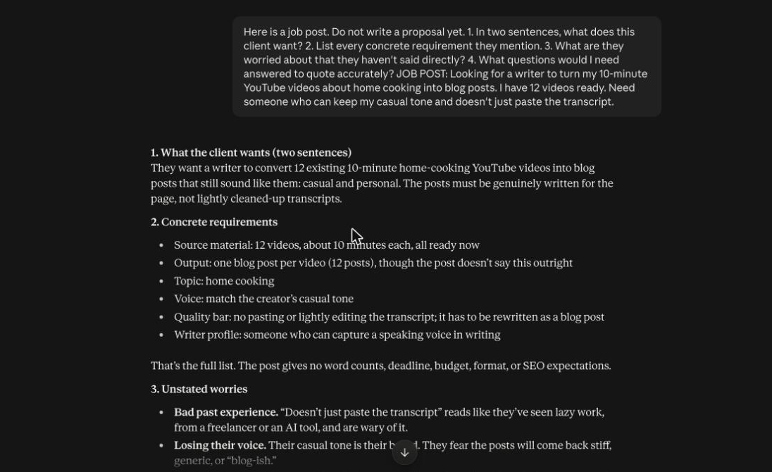 Claude's analysis of the job post: what the client wants, requirements and unstated worries